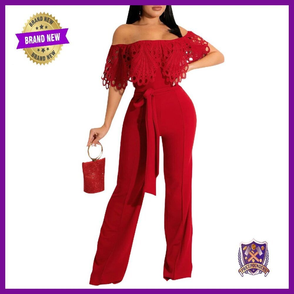 Off Shoulder Ruffle Jumpsuit High Waist Wide Leg Belted Romper Women's